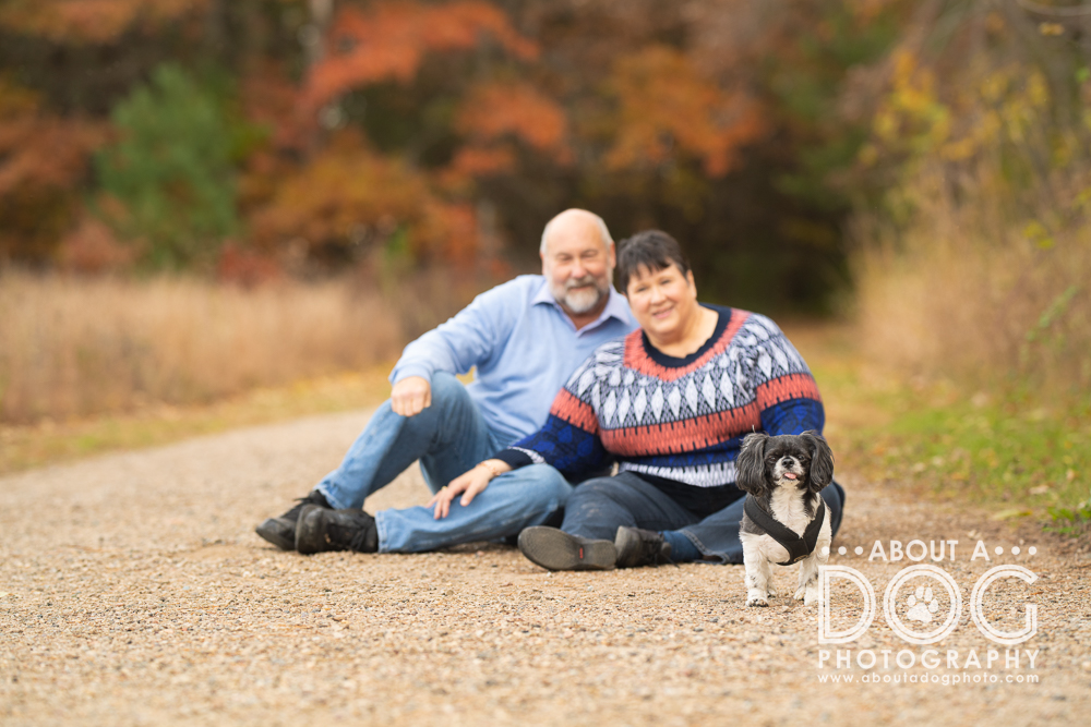 Couple with their small dog with fall leaf colors behind them photographed by About A Dog Photography